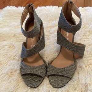 Christian Siriano Silver Shimmer Open Toe Pumps 3.5" Heels with a Ankle Strap